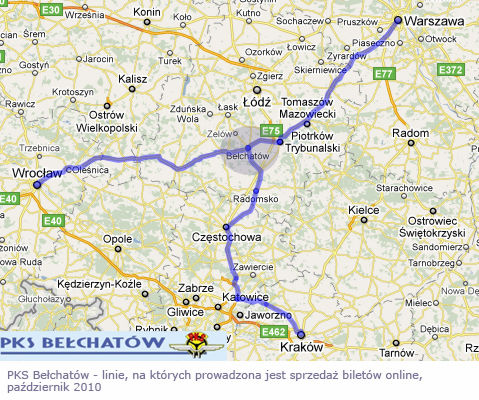 PKS Bełchatów - linie na których prowadzona jest spzedaż biletów online, październik 2010
