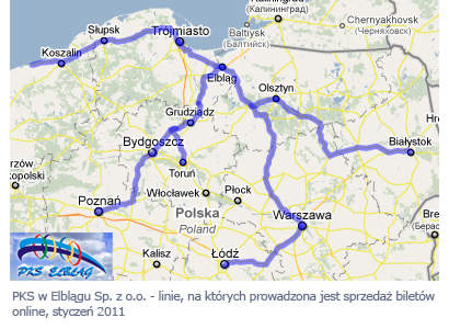 PKS Elbląg - linie, na których prowadzona jest sprzedaż bilety online, styczeń 2011