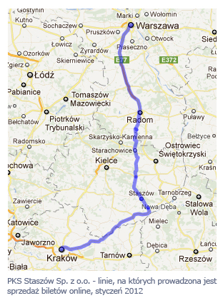 e-podróżnik.pl - PKS Staszów Sp. z o.o. - linie, na których prowadzona jest sprzedaż biletów online, styczeń 2012
