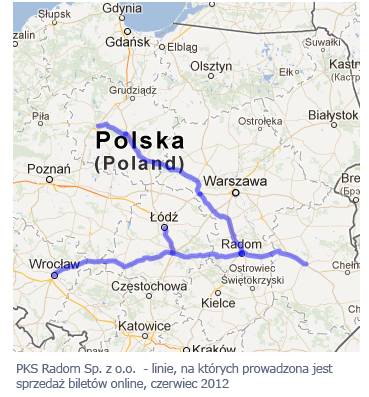 PKS Radom Sp. z o.o. - linie, na kórych prowadzona jest sprzedaż biletów online, czerwiec 2012.