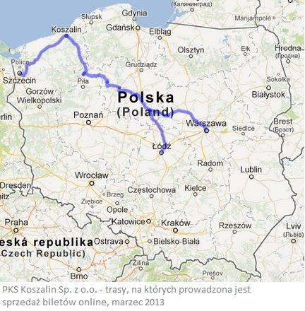 PKS Koszalin Sp. z o.o. - trasy na których prowadzona jest sprzedaż biletów online.