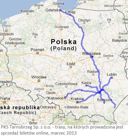 PKS Tarnobrzeg Sp. z o.o. - trasy na których prowadzona jest sprzedaż biletów online, marzec 2013.